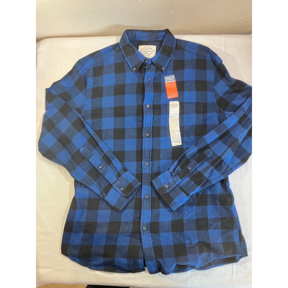 St John's Bay Mens Signature Flannel Shirt Blue Black Buffalo Plaid Large‎ NWT